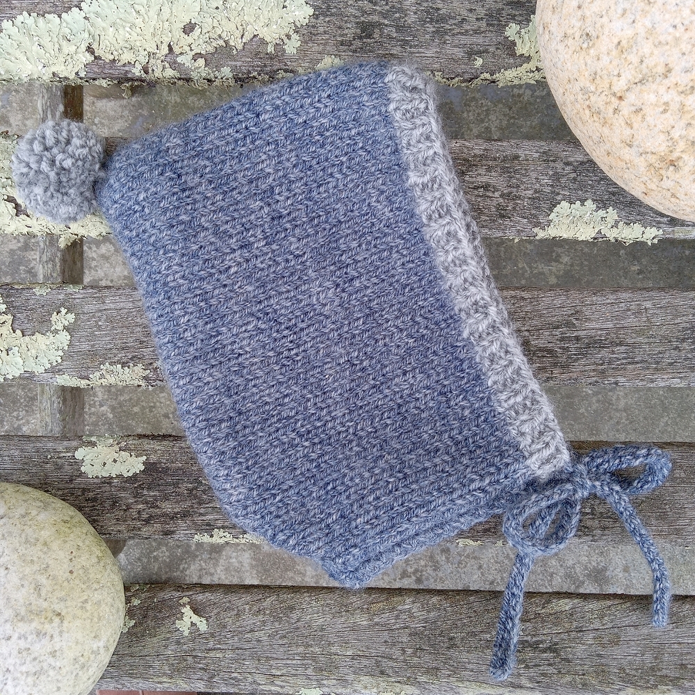Handknit Baby Boy Winter Blue Denim Tweed Retro 1960s Style Pompom Pixie Hat 12M